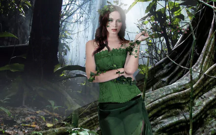 Emily Blunt captivates in a lush, enchanting setting, dressed in a green ensemble adorned with vines, surrounded by a mystical forest backdrop. A striking HD wallpaper for any fan.