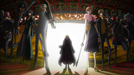 HD desktop wallpaper featuring One Piece characters Monkey D. Luffy, Roronoa Zoro, Nami, Sanji, Nico Robin, and Franky in a dramatic setting.