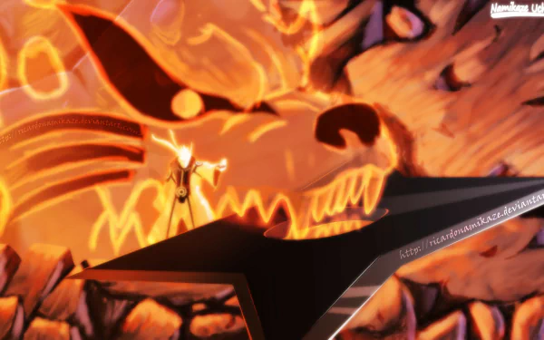 HD desktop wallpaper featuring Naruto Uzumaki and Kurama, also known as Kyūbi, from the anime Naruto. The intense scene showcases the powerful bond between the characters against a dramatic backdrop.