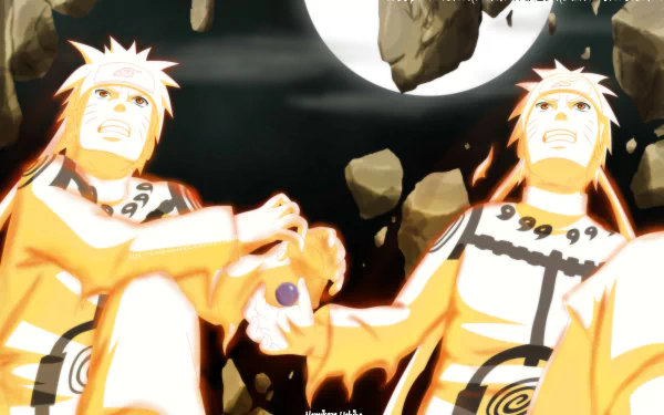 A dynamic 4K Ultra HD wallpaper featuring Naruto Uzumaki, the Hokage, surrounded by dramatic rocks and a luminous moon, showcasing his iconic orange attire and spirited expressions.