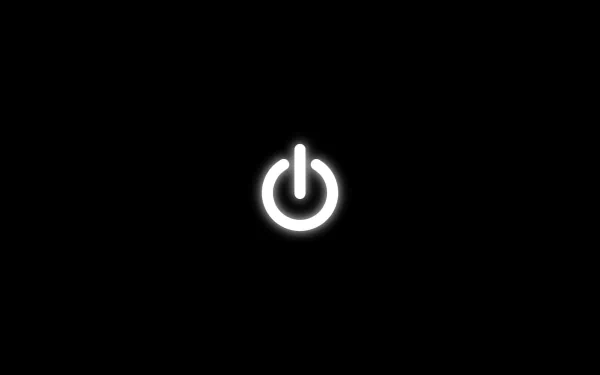A sleek black background features a glowing white power symbol, creating a minimalist and modern HD desktop wallpaper.