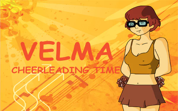 HD PC desktop wallpaper featuring Velma from the Scooby-Doo TV show in a cheerleading outfit against an orange, musical-themed background.