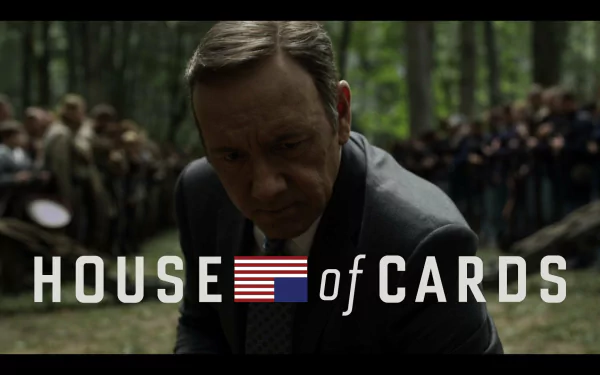 HD wallpaper featuring a character from the series House of Cards, set in a wooded area with the show's title overlaid.