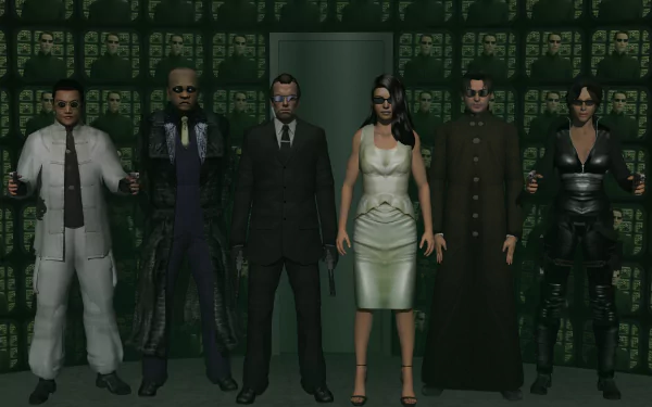 A dynamic HD wallpaper featuring characters from The Matrix Reloaded, showcasing a lineup of iconic figures against a green backdrop, embodying the film's distinctive aesthetic.