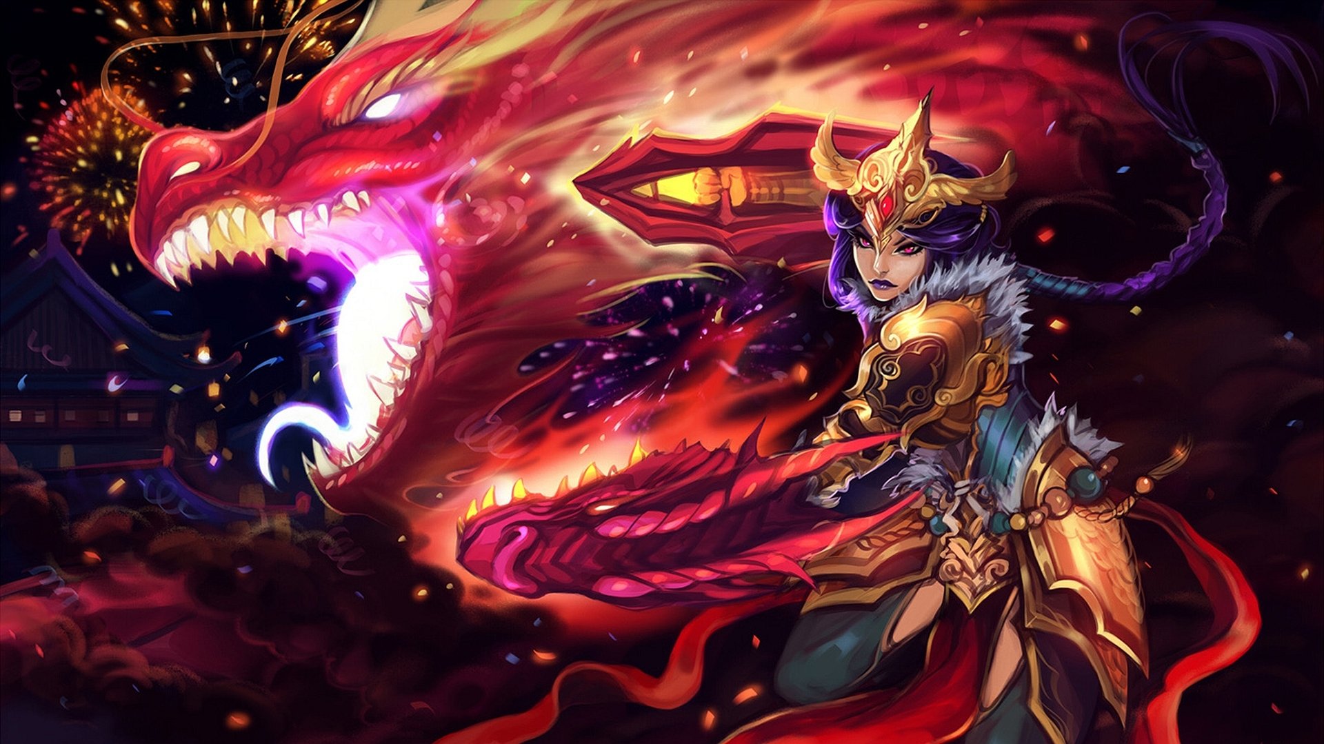 Shyvana from League of Legends commands a vibrant dragon in this HD wallpaper, capturing the power and intensity of the iconic video game character in stunning detail.