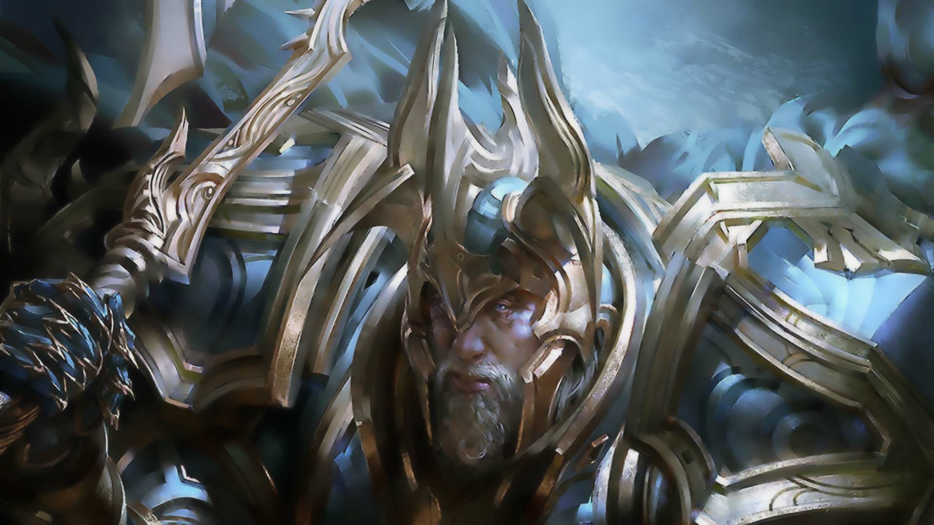 HD PC desktop wallpaper/background: a fantasy warrior in ornate golden armor and horned helm, standing amid misty, storm-torn skies.