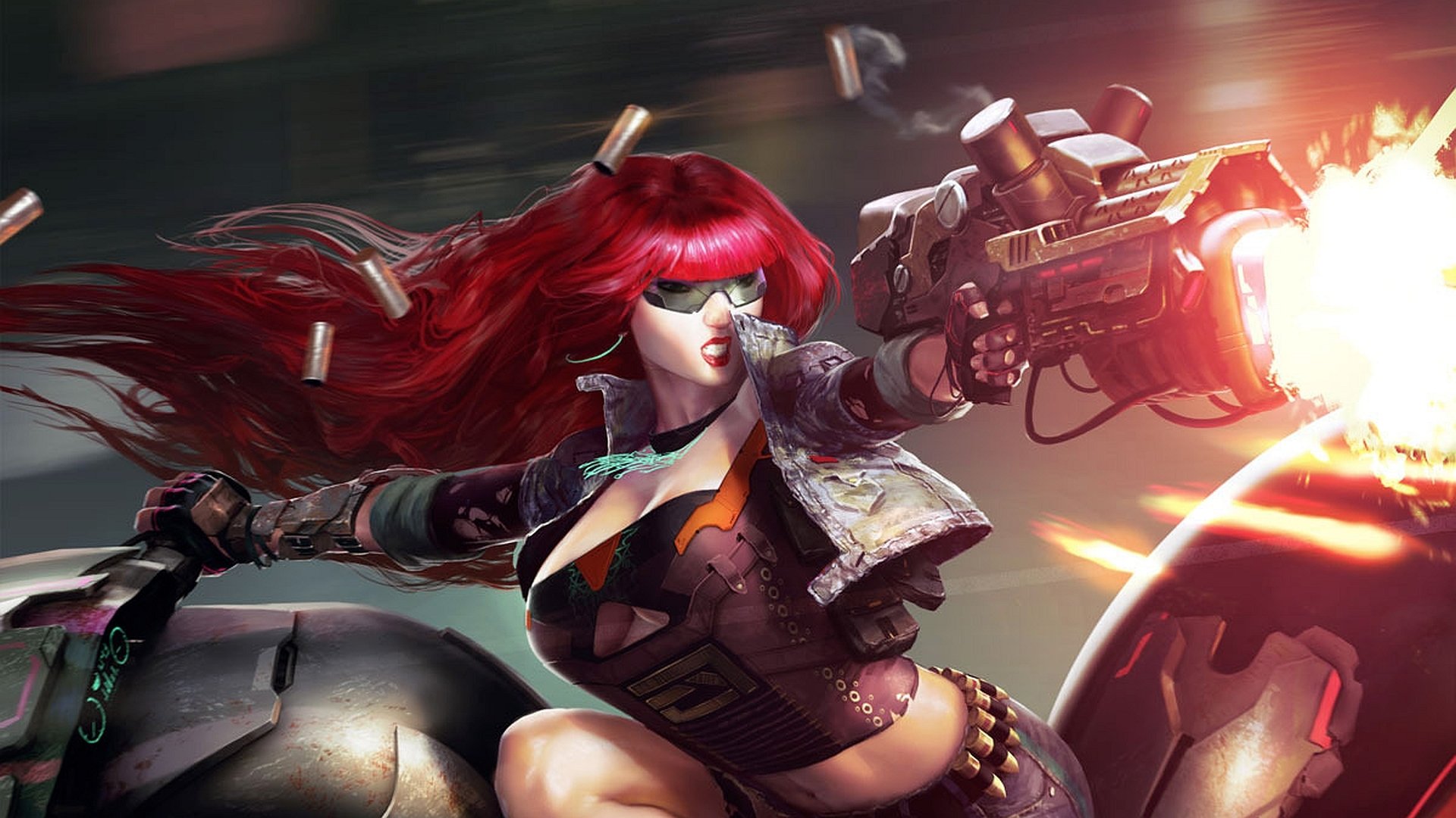 Sci-fi woman desktop wallpaper background (HD): red-haired cyberfighter firing a futuristic gun amid neon explosions, wearing an armored jacket and visor.