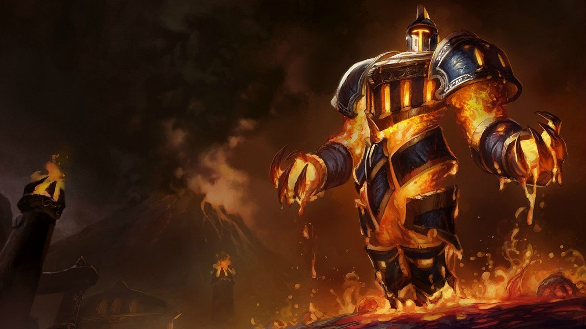 HD PC desktop wallpaper featuring Xerath from the video game League of Legends, showcasing fiery, armored design with intense glowing effects.