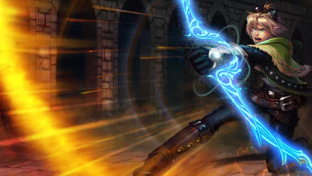 Ezreal from League of Legends wields a glowing blue bow, unleashed in a dynamic action pose amidst a vibrant background, showcasing the excitement of the popular video game.