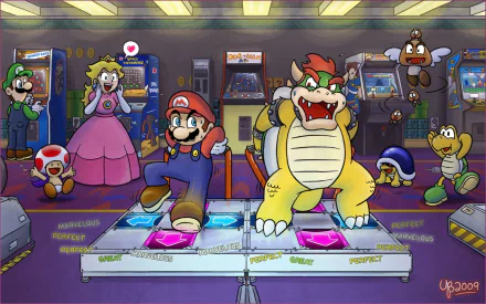 A vibrant HD wallpaper featuring Princess Peach and Bowser dancing in Dance Dance Revolution: Mario Mix, with Mario and other characters cheering in the background.
