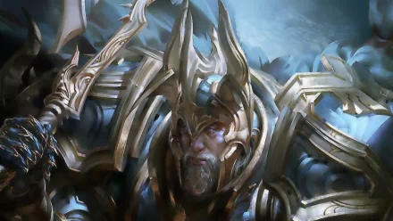 HD PC desktop wallpaper/background: a fantasy warrior in ornate golden armor and horned helm, standing amid misty, storm-torn skies.