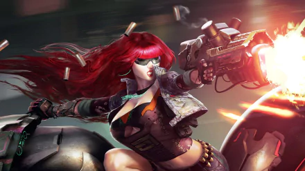 Sci-fi woman desktop wallpaper background (HD): red-haired cyberfighter firing a futuristic gun amid neon explosions, wearing an armored jacket and visor.