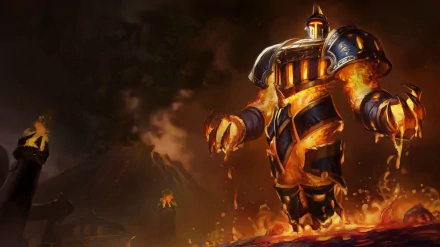 HD PC desktop wallpaper featuring Xerath from the video game League of Legends, showcasing fiery, armored design with intense glowing effects.