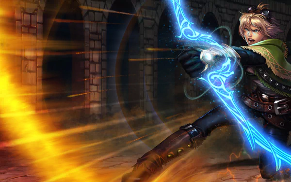 Ezreal from League of Legends wields a glowing blue bow, unleashed in a dynamic action pose amidst a vibrant background, showcasing the excitement of the popular video game.