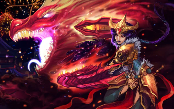 Shyvana from League of Legends commands a vibrant dragon in this HD wallpaper, capturing the power and intensity of the iconic video game character in stunning detail.