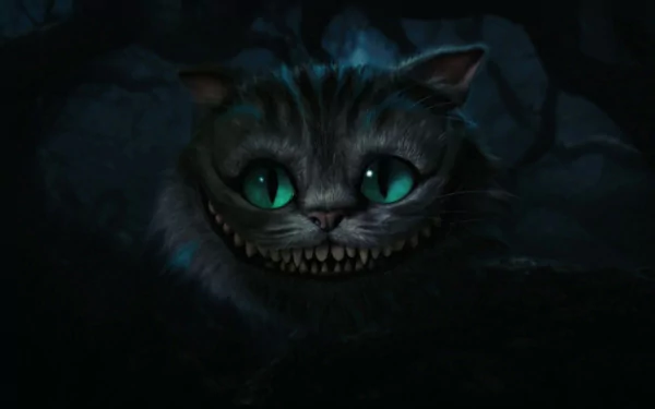 HD PC desktop wallpaper featuring the Cheshire Cat from the 2010 movie Alice in Wonderland, with glowing green eyes and a wide grin set against a dark forest background.