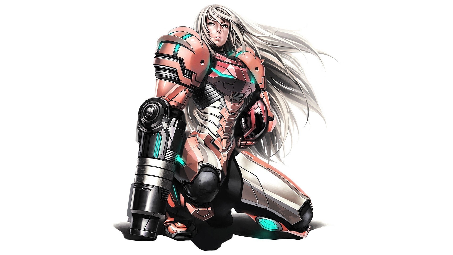 High-definition wallpaper featuring Samus Aran from Metroid: Samus Returns, showcasing her iconic armor and powerful stance in this popular video game franchise.