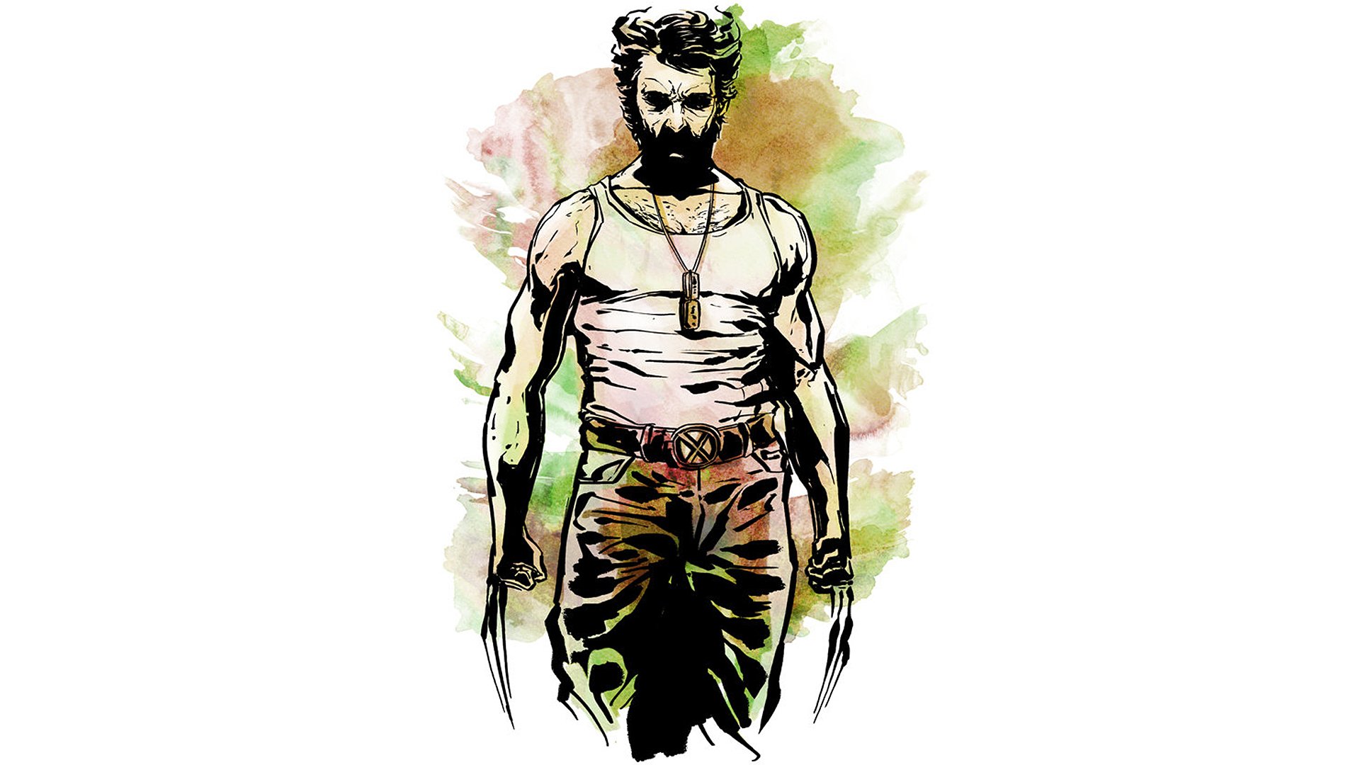 Comic-style Wolverine standing with claws extended, ink-and-watercolor splashes behind him — bold, high-definition PC desktop wallpaper/background.