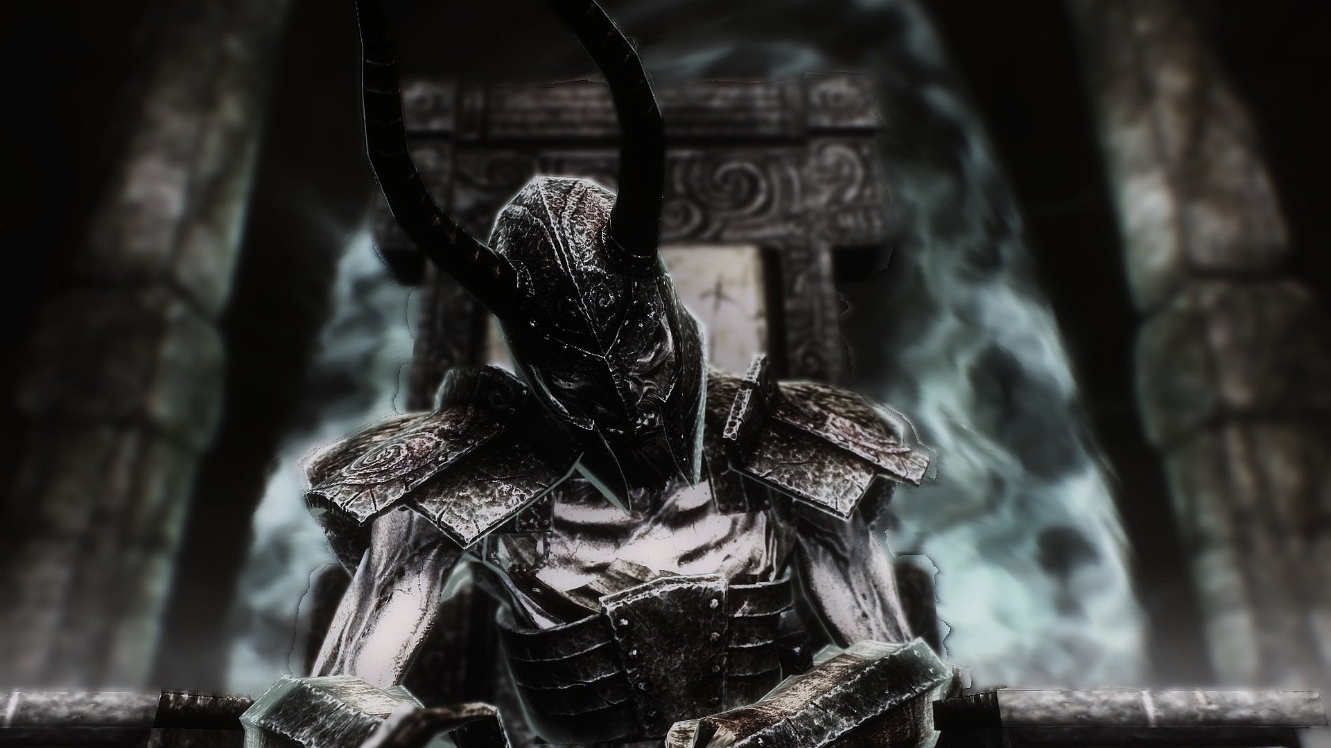 A dark, atmospheric HD wallpaper from The Elder Scrolls V: Skyrim featuring a formidable armored figure with horns, seated on a throne amidst swirling shadows.