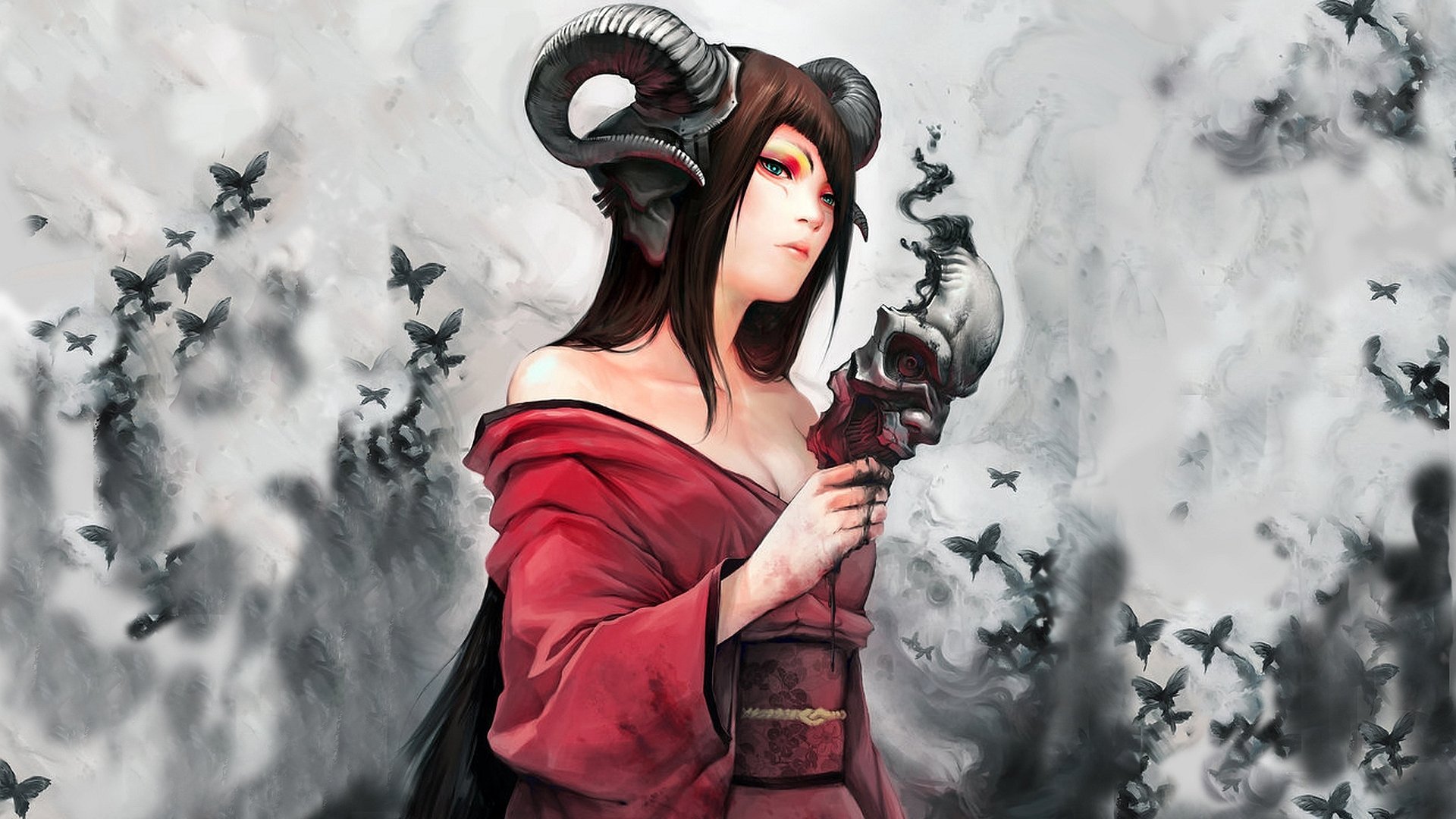 A striking fantasy-themed image featuring a woman with horns, dressed in a flowing red garment, holding a skull, set against a backdrop of swirling shadows and dark birds.