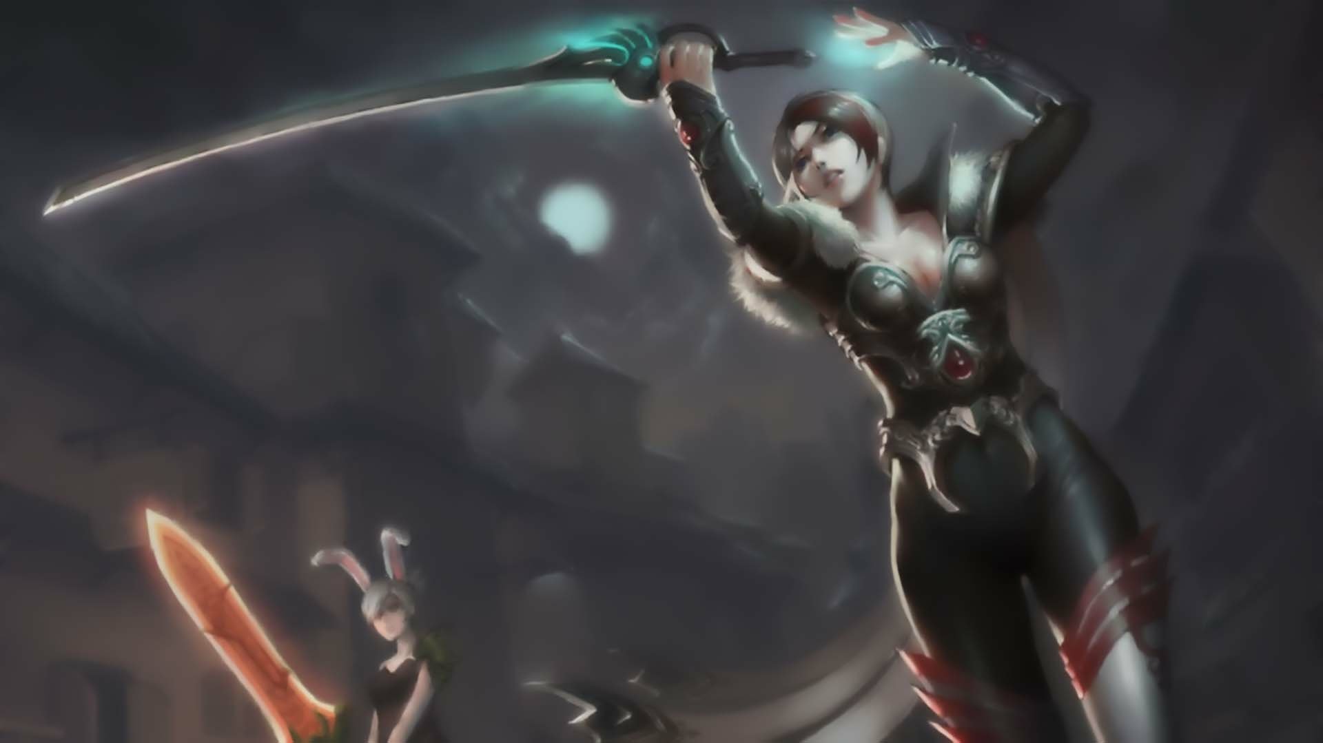 HD PC desktop wallpaper featuring Fiora from the video game League of Legends in an action pose with glowing swords against a dark, blurred background.