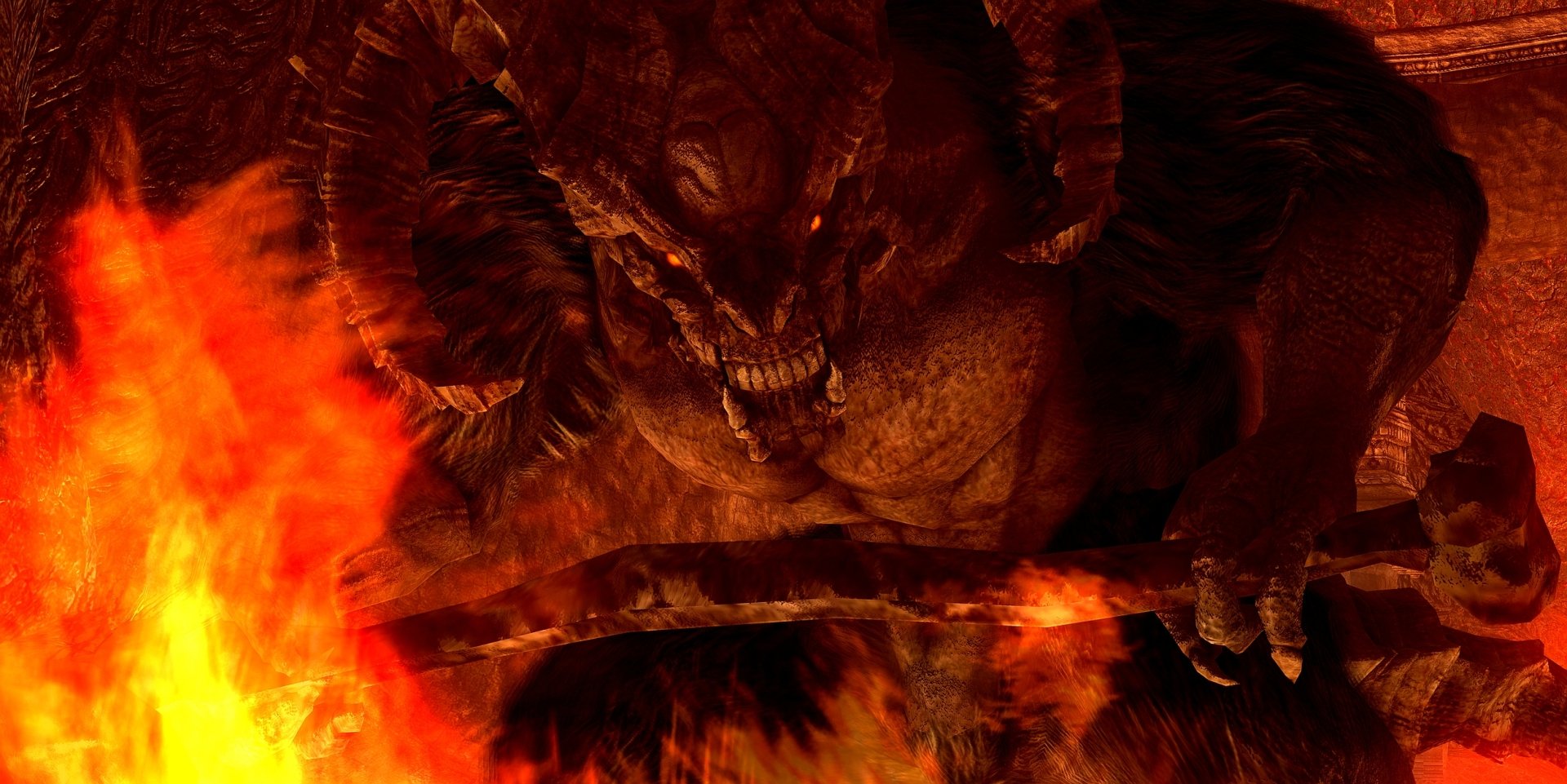 Taurus Demon from the video game Dark Souls — horned, snarling beast wielding a massive axe above roaring flames; HD PC desktop wallpaper/background.