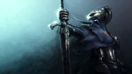 HD desktop wallpaper featuring Artorias from Dark Souls, depicted in a dynamic pose with his sword, set against a misty, ethereal blue background.