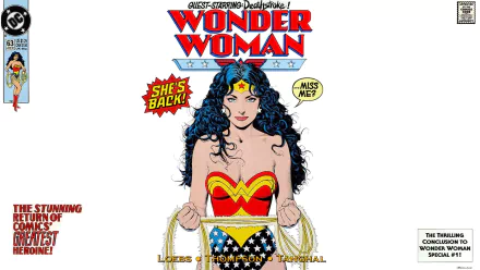 Wonder Woman comic-themed HD desktop wallpaper featuring the iconic hero with flowing hair and her classic costume, accompanied by bold text proclaiming She's Back!