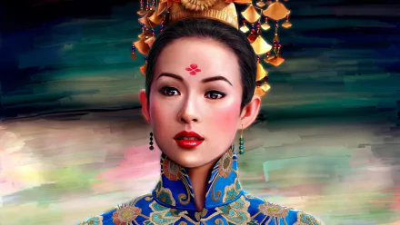 HD PC desktop wallpaper featuring celebrity Zhang Ziyi in traditional royal attire with intricate headpiece and vibrant blue patterned clothing.