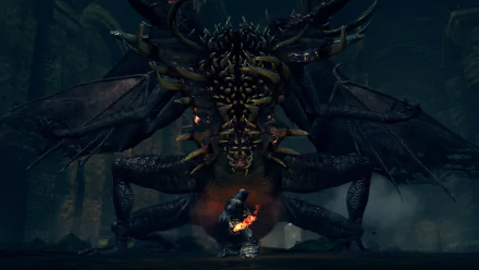 HD PC desktop wallpaper featuring a dark, menacing spider-like boss from the video game Dark Souls, with a lone armored figure standing ready to fight.