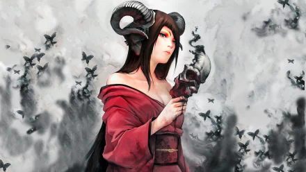 A striking fantasy-themed image featuring a woman with horns, dressed in a flowing red garment, holding a skull, set against a backdrop of swirling shadows and dark birds.