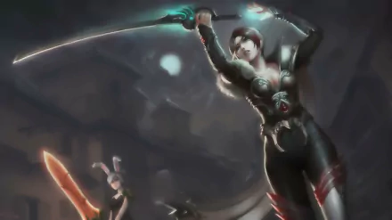 HD PC desktop wallpaper featuring Fiora from the video game League of Legends in an action pose with glowing swords against a dark, blurred background.