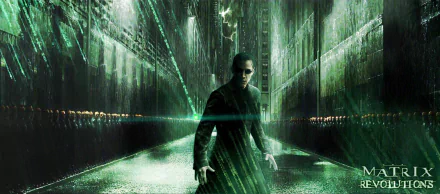 A dynamic HD wallpaper from The Matrix Revolutions, featuring a central figure in a trench coat, surrounded by a futuristic, green-tinted cityscape and rain-drenched streets.