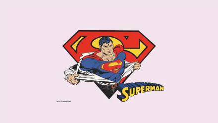 HD PC desktop wallpaper featuring classic comic-style Superman tearing open his shirt to reveal the iconic emblem against a light pink background.