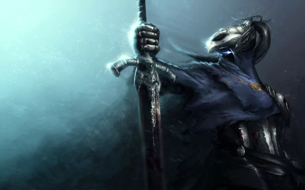 HD desktop wallpaper featuring Artorias from Dark Souls, depicted in a dynamic pose with his sword, set against a misty, ethereal blue background.