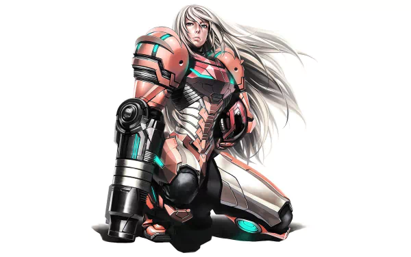High-definition wallpaper featuring Samus Aran from Metroid: Samus Returns, showcasing her iconic armor and powerful stance in this popular video game franchise.