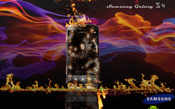 HD PC wallpaper of a Samsung Galaxy S4 amid flames and swirling purple-orange energy waves, tech-themed background with Samsung logo.