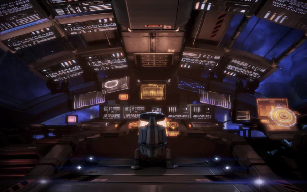 HD wallpaper of the Normandy SR-2 from the video game Mass Effect, showcasing the ship's intricate control panel and futuristic design against a cosmic backdrop.