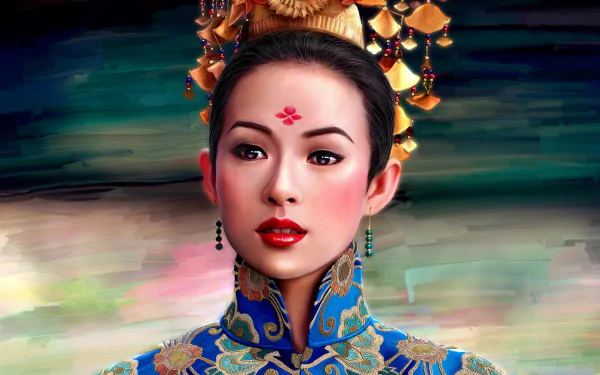 HD PC desktop wallpaper featuring celebrity Zhang Ziyi in traditional royal attire with intricate headpiece and vibrant blue patterned clothing.
