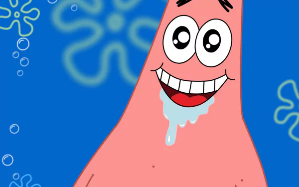 A vibrant HD wallpaper featuring Patrick Star, a beloved character from the TV show SpongeBob SquarePants, smiling against a bright blue background with playful bubble designs.