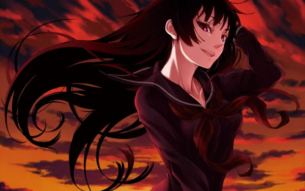 A dynamic HD wallpaper featuring Yuuko Kanoe from the anime Tasogare Otome x Amnesia, showcasing her striking pose against a dramatic red sky backdrop.