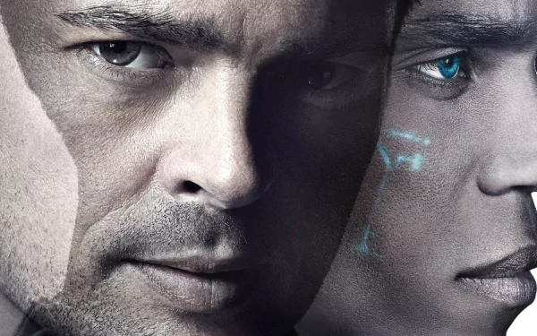 HD wallpaper featuring a close-up of Almost Human characters, with Karl Urban on one side.