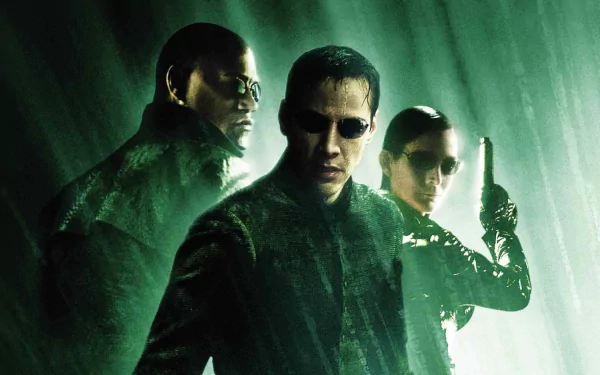 A dynamic HD wallpaper featuring characters from *The Matrix Revolutions*, showcasing Neo, Morpheus, and Trinity in a striking green-themed backdrop.