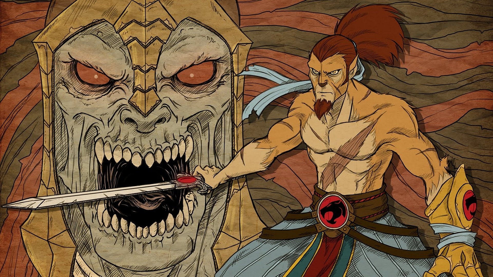HD PC desktop wallpaper featuring a fierce scene from the 1985 TV show Thundercats, showcasing a warrior confronting a monstrous stone face.