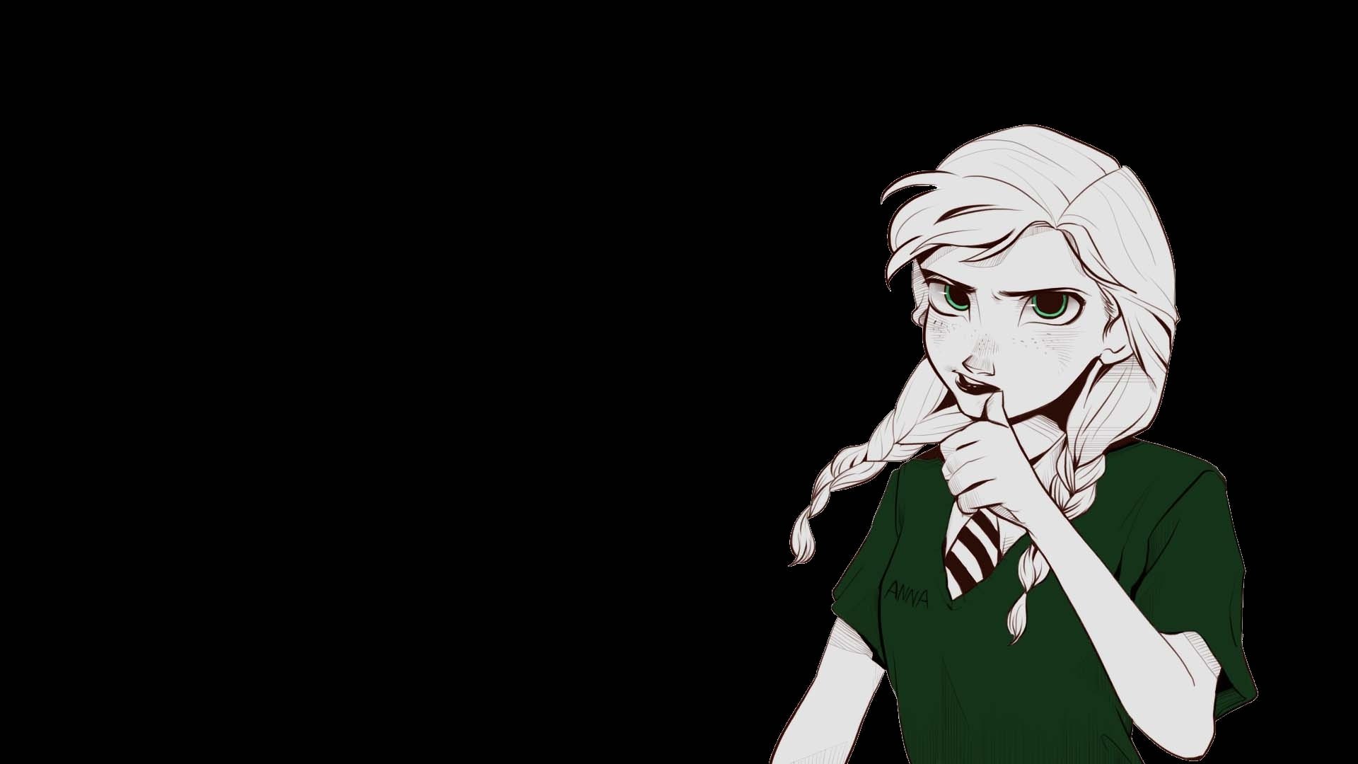 HD PC desktop wallpaper featuring Anna from the Frozen movie, depicted with a serious expression and finger raised to her lips against a black background.