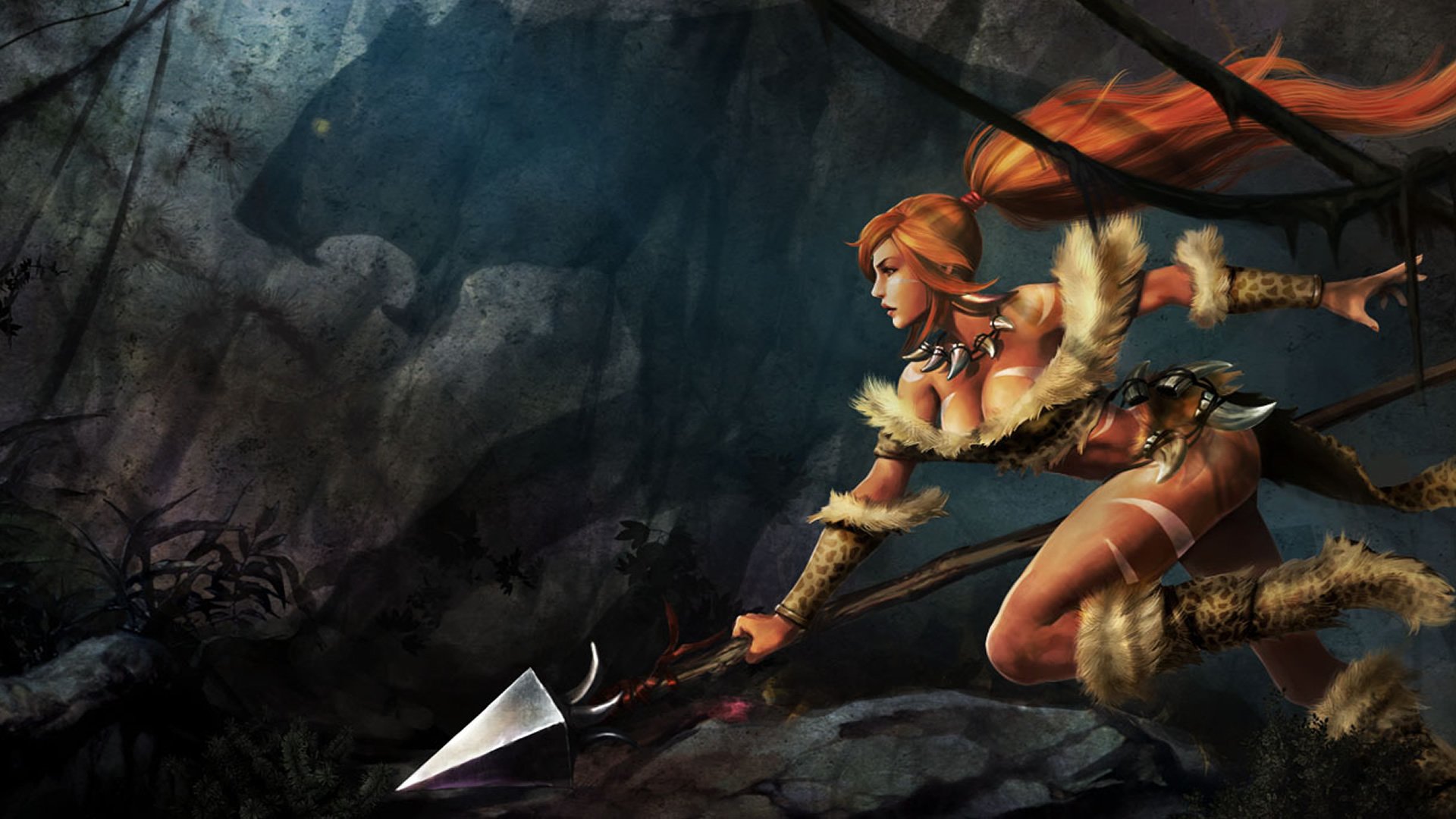 HD PC desktop wallpaper featuring Nidalee from League of Legends, depicted in dynamic action with a spear in a dark, rocky environment.