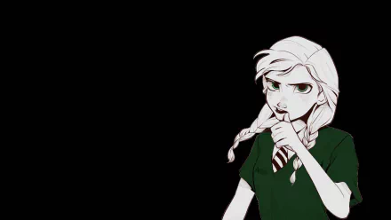 HD PC desktop wallpaper featuring Anna from the Frozen movie, depicted with a serious expression and finger raised to her lips against a black background.