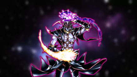 A striking HD anime wallpaper featuring a powerful character from Yu-Gi-Oh!, showcasing dynamic energy effects against a cosmic backdrop.