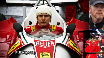 HD wallpaper from Rush (2013) featuring a focused driver in a vintage Formula 1 car with Heuer branding, suited for desktop backgrounds.