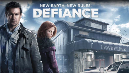 HD desktop wallpaper from the TV show Defiance featuring characters Irisa and Nyira against a futuristic Lawkeeper building backdrop.
